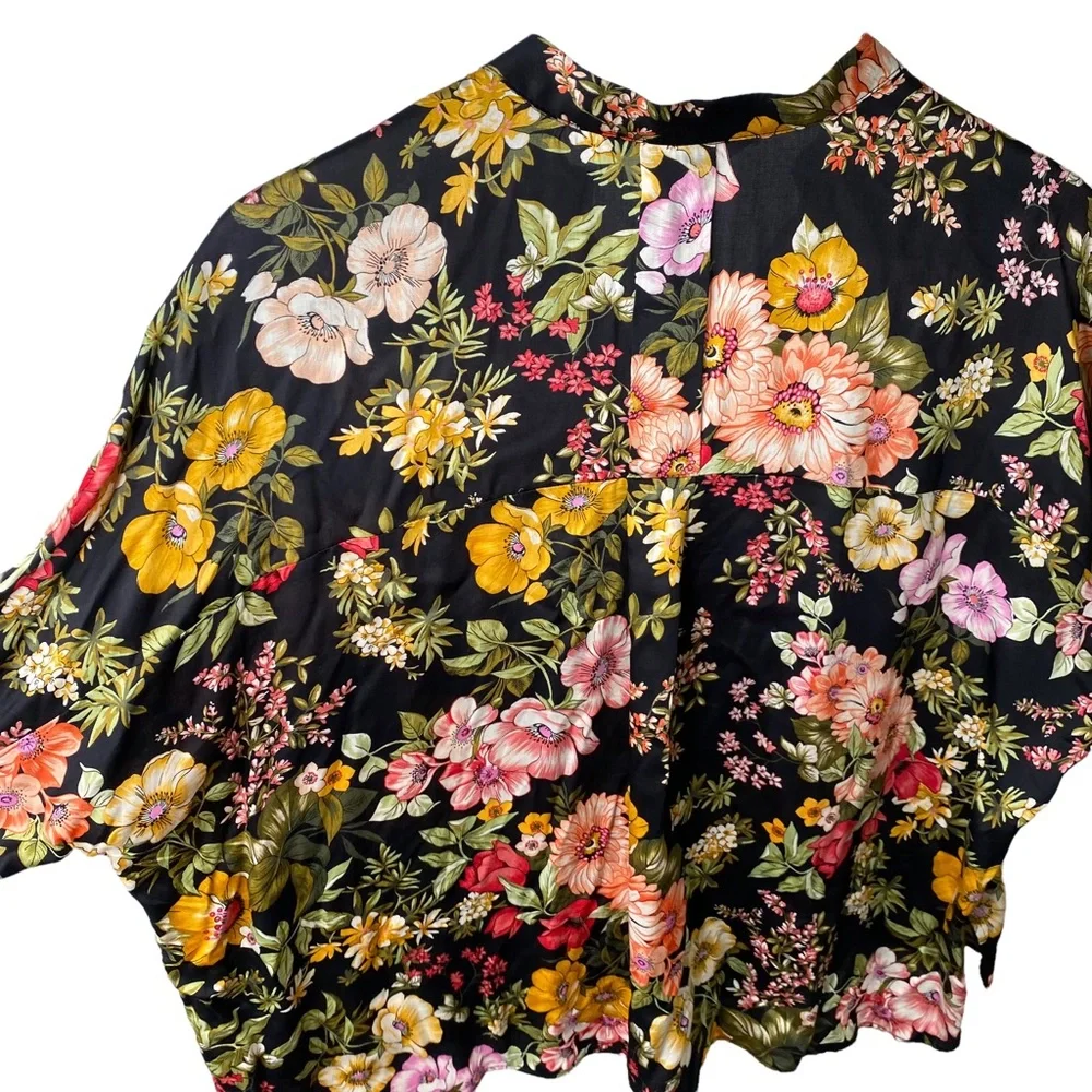 Zara Basic Collection Floral Oriental Silky Button Down Popover Blouse Small - Picture 6 of 8